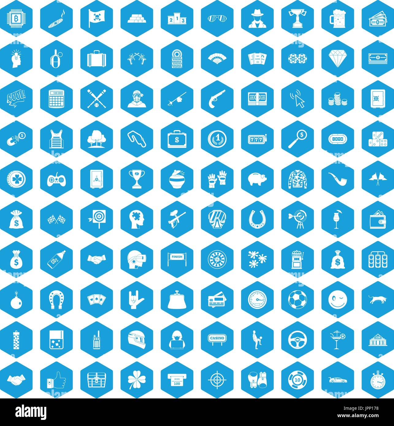 100 gambling icons set blue Stock Vector