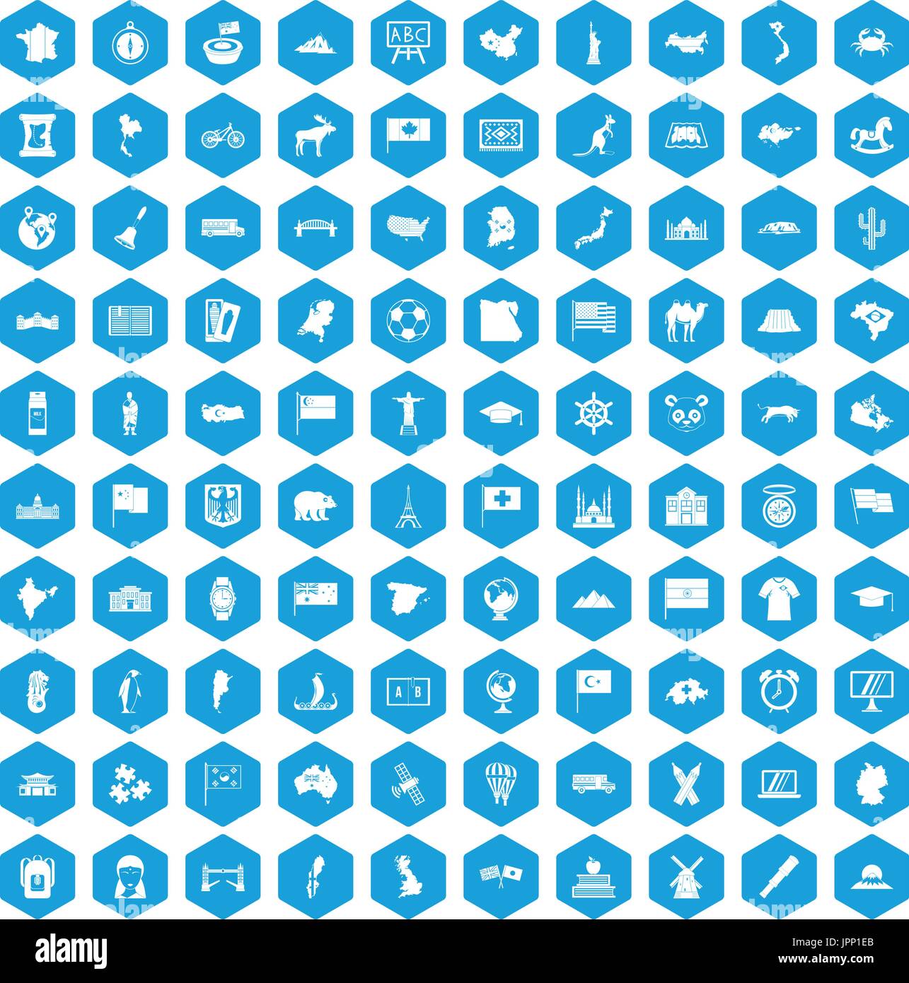 100 geography icons set blue Stock Vector