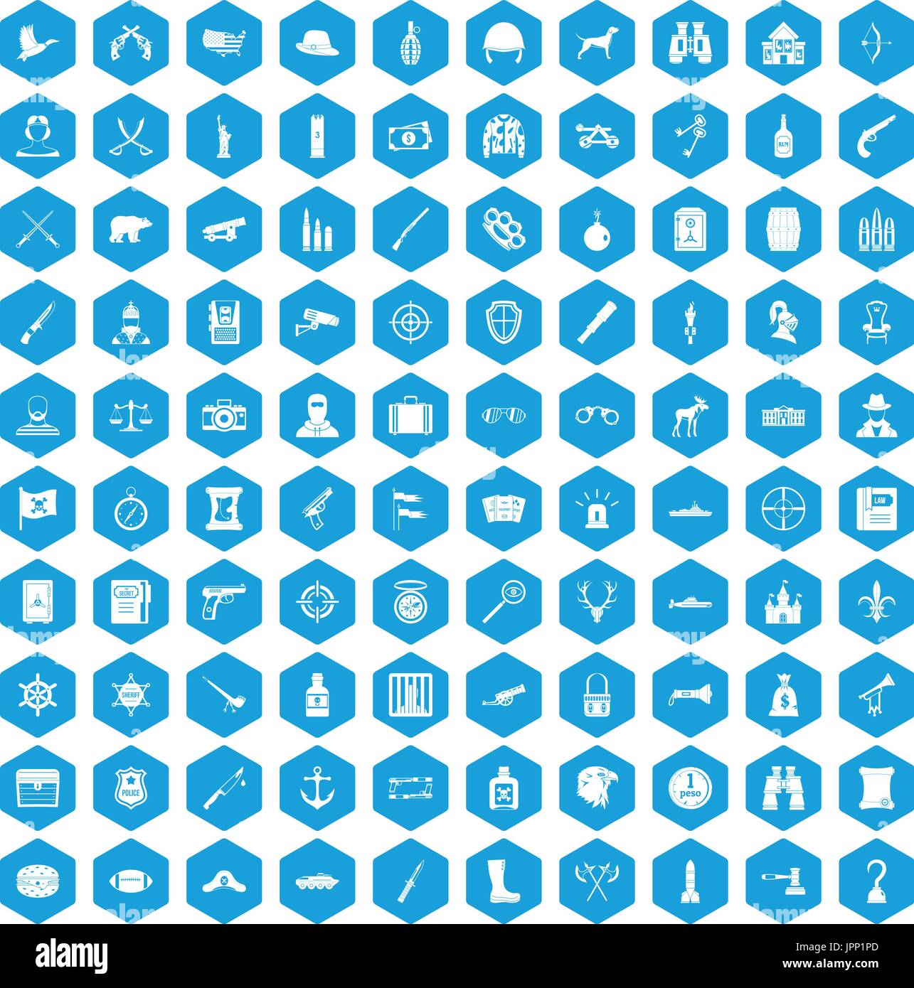 100 guns icons set blue Stock Vector
