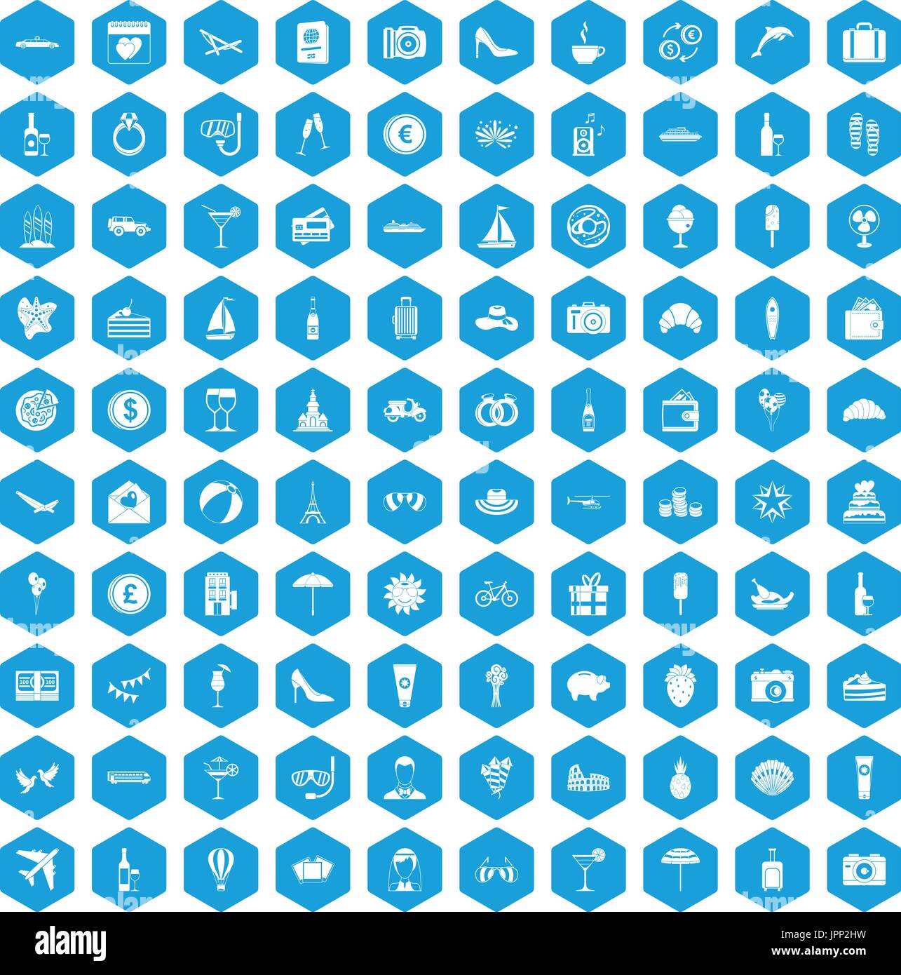 100 honeymoon icons set blue Stock Vector