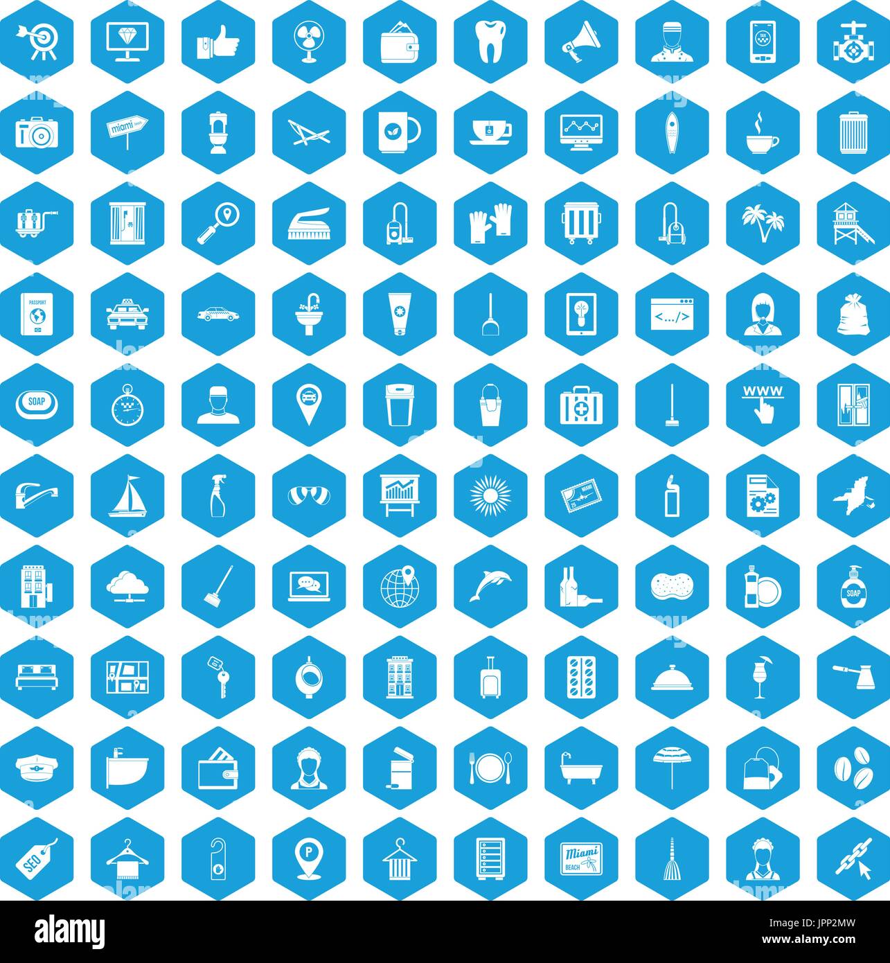 100 hotel services icons set blue Stock Vector