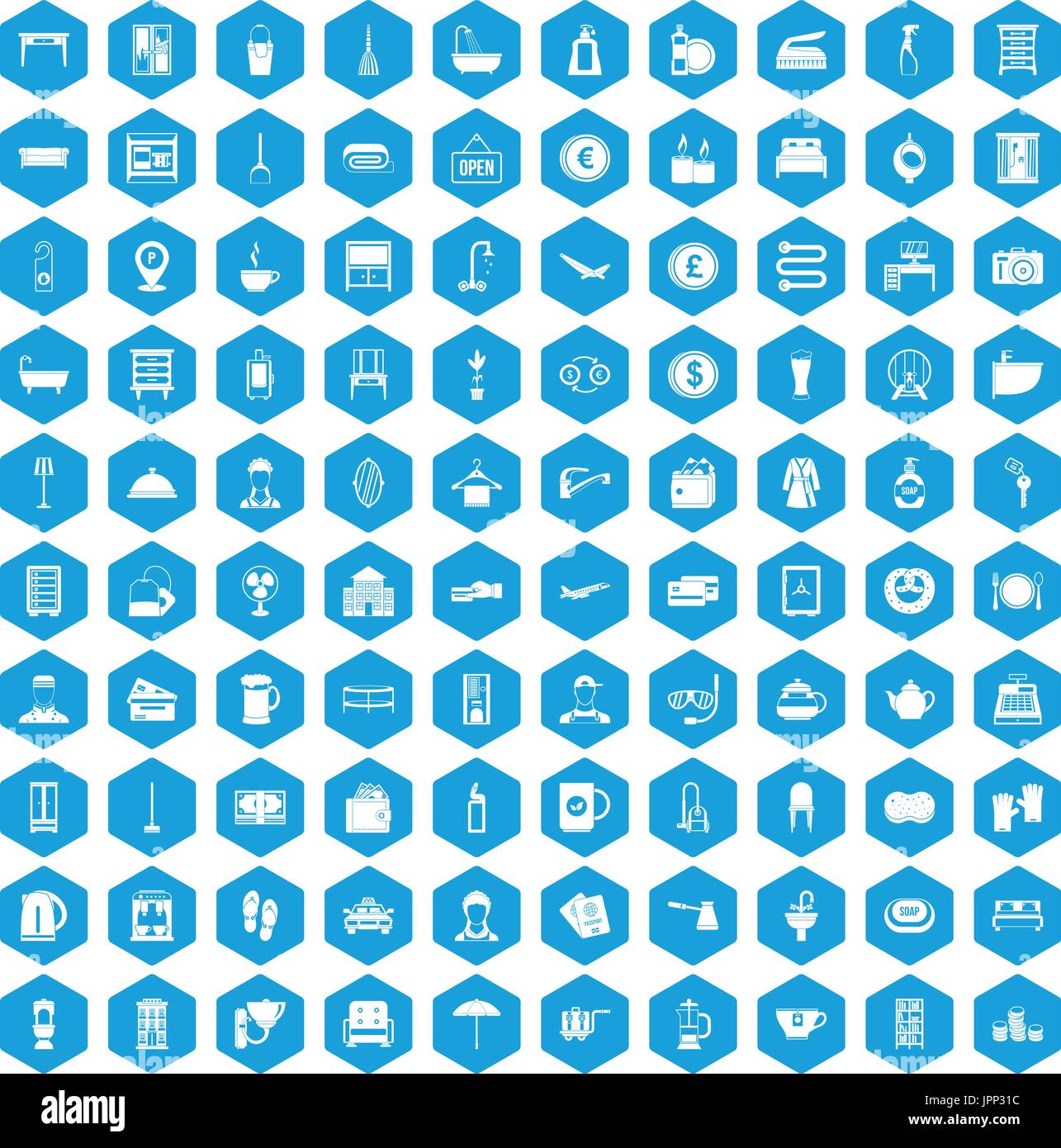 100 inn icons set blue Stock Vector