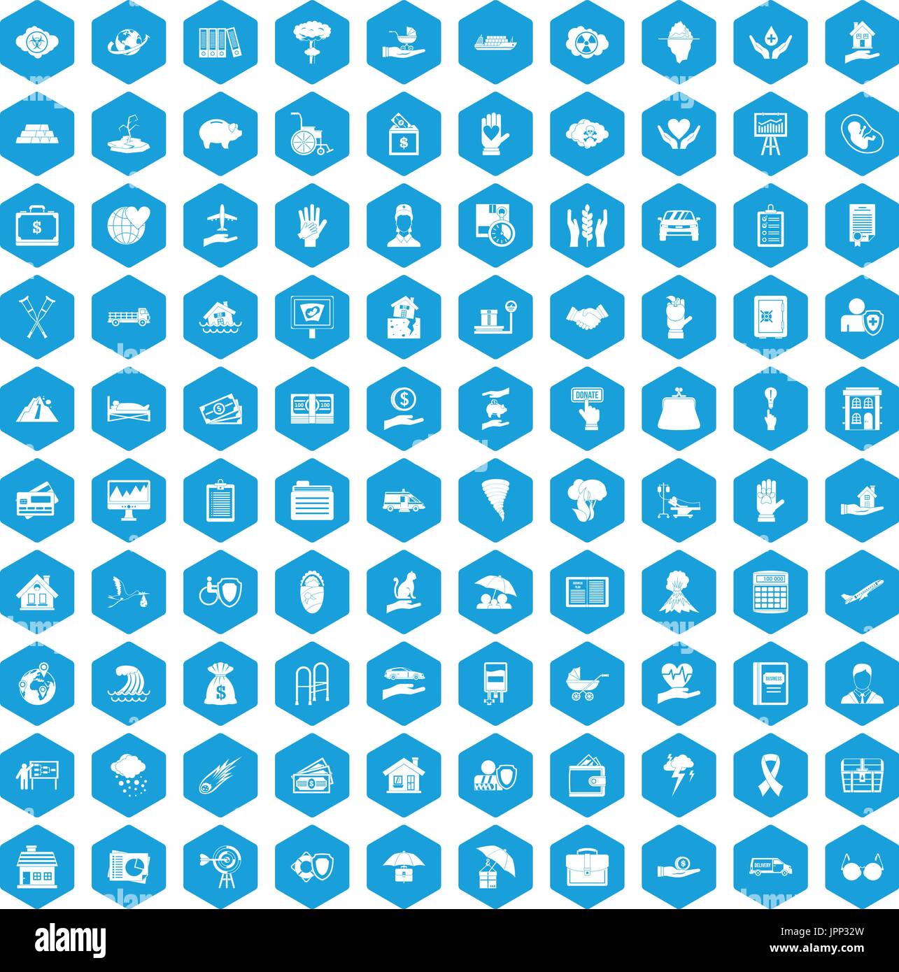 100 insurance icons set blue Stock Vector