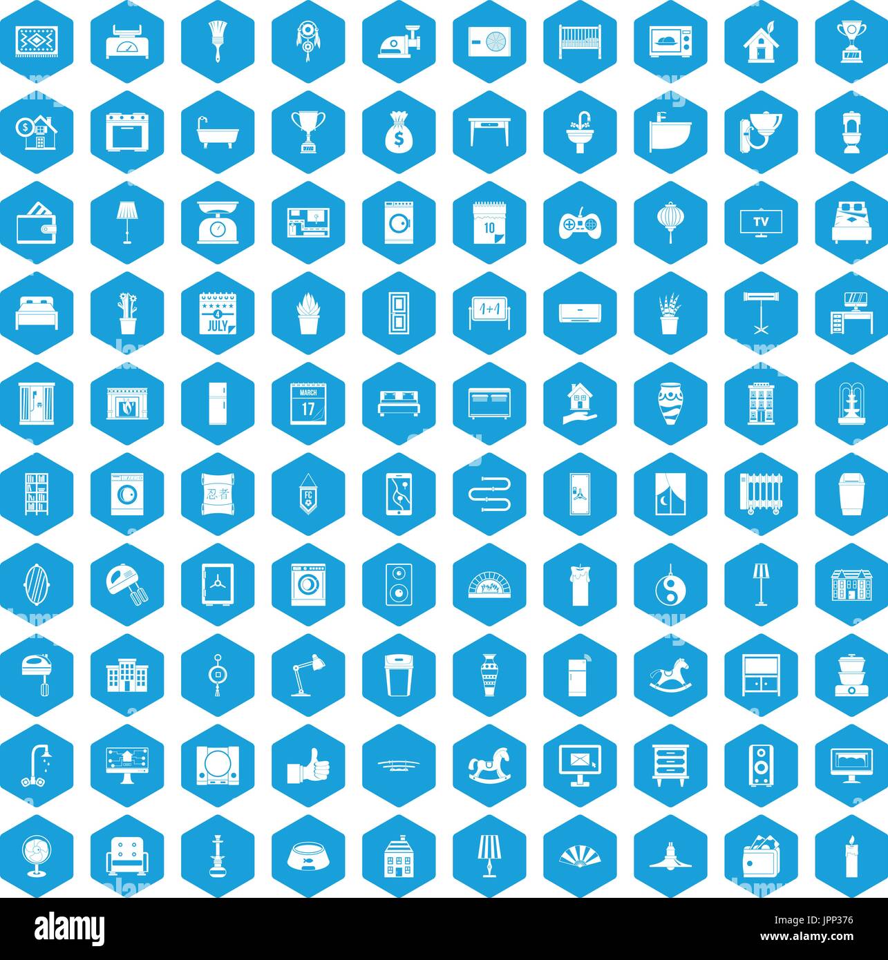 100 interior icons set blue Stock Vector