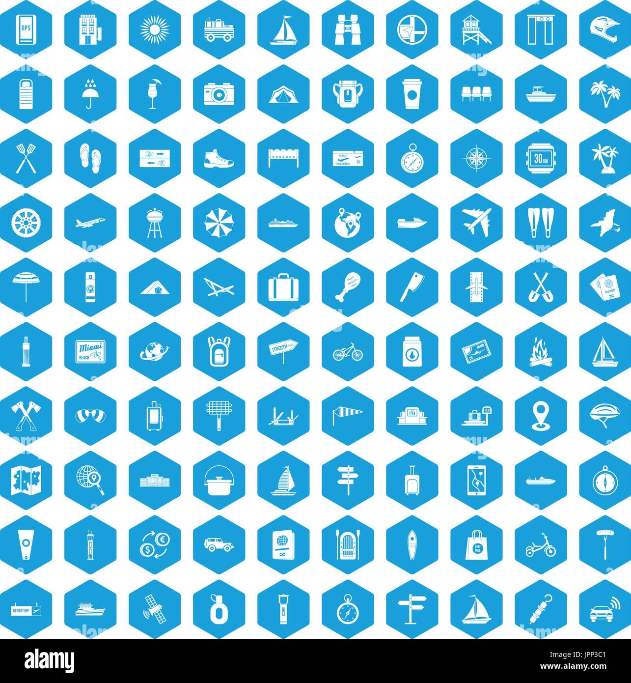 100 journey icons set blue Stock Vector