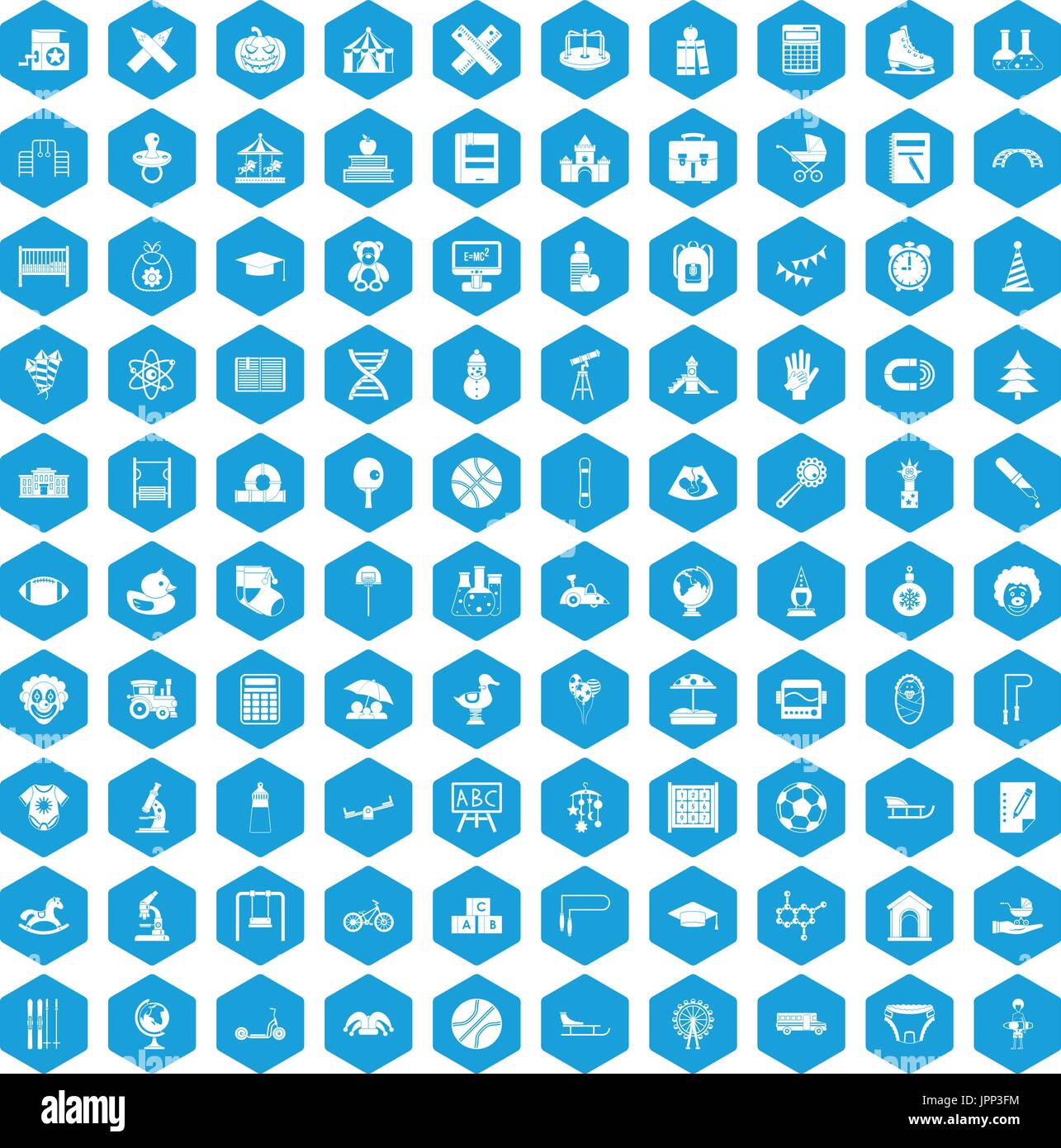 100 kids icons set blue Stock Vector
