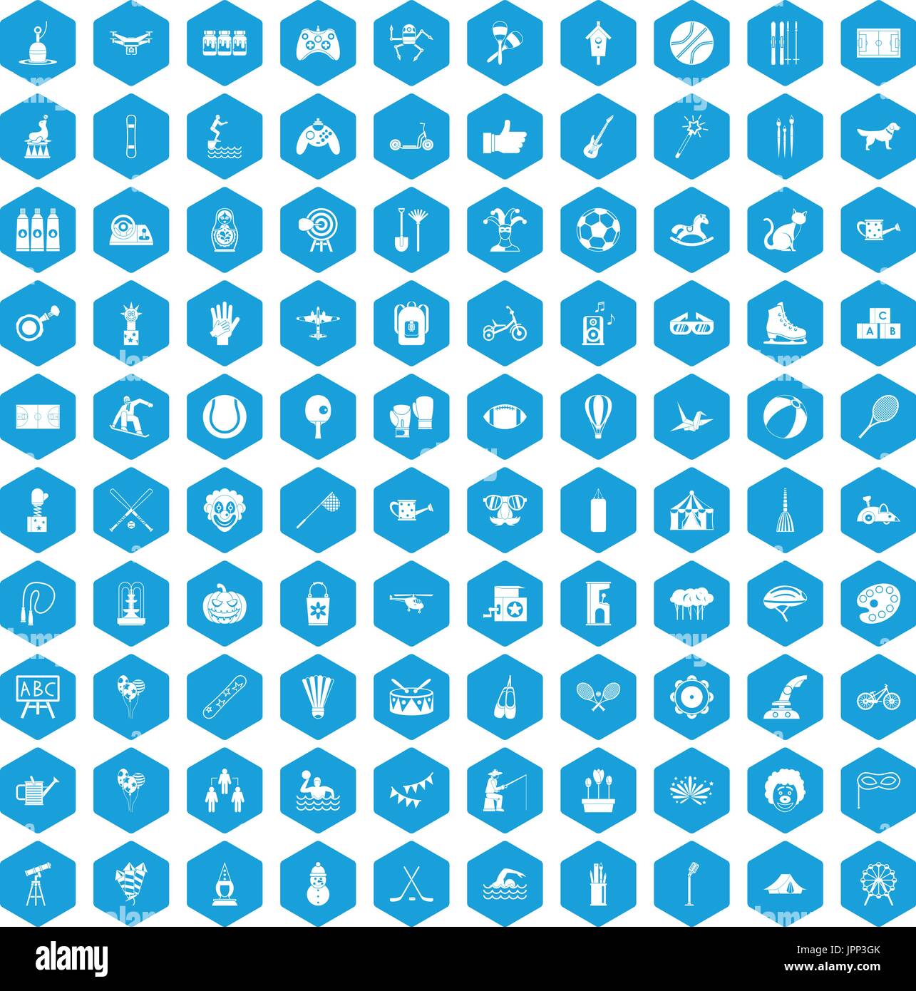 100 kids activity icons set blue Stock Vector