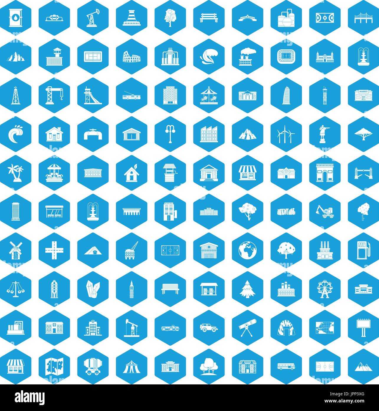 100 landscape element icons set blue Stock Vector