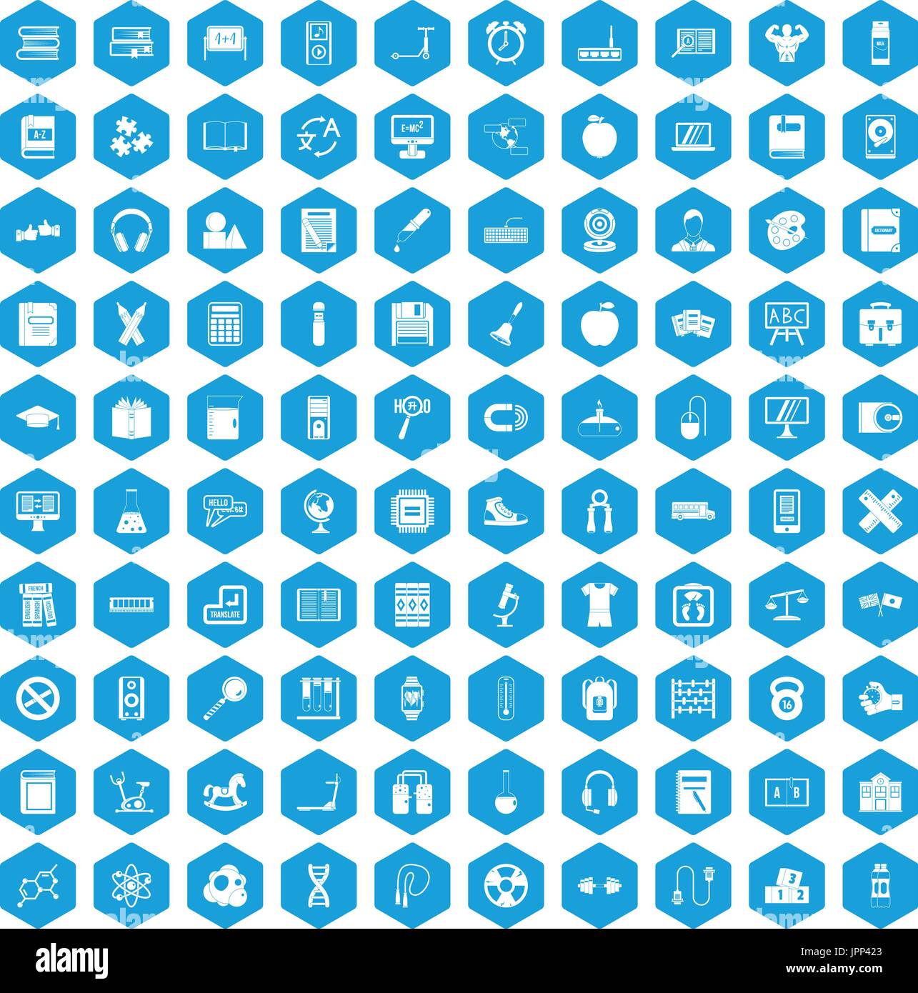 100 learning kids icons set blue Stock Vector