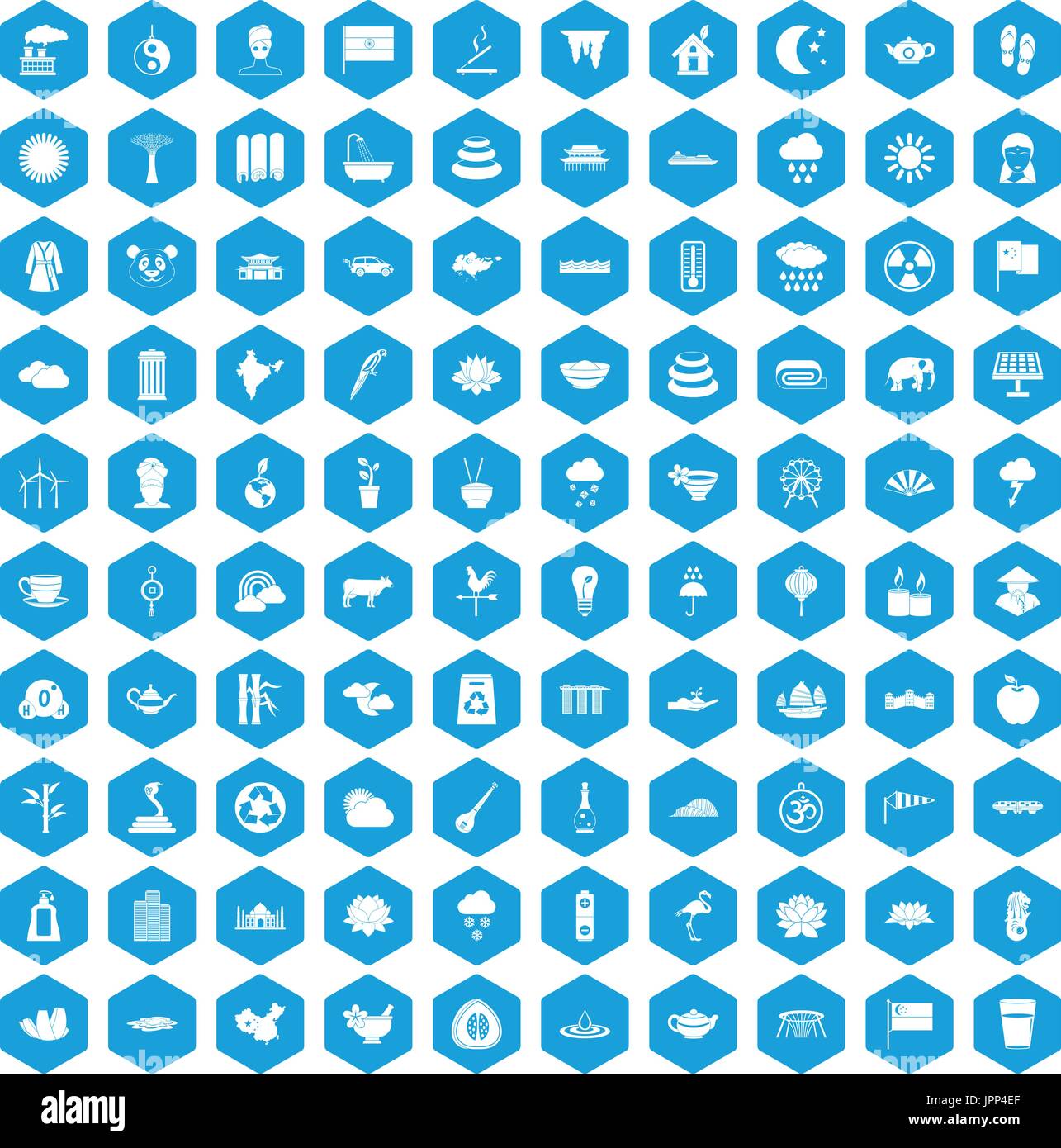 100 lotus icons set blue Stock Vector