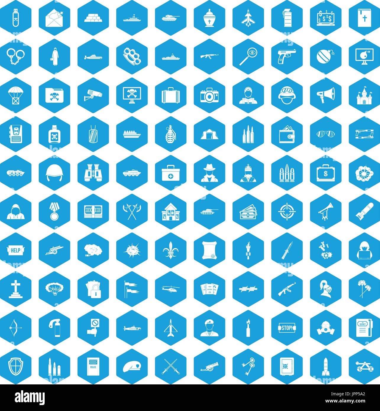 100 military icons set blue Stock Vector