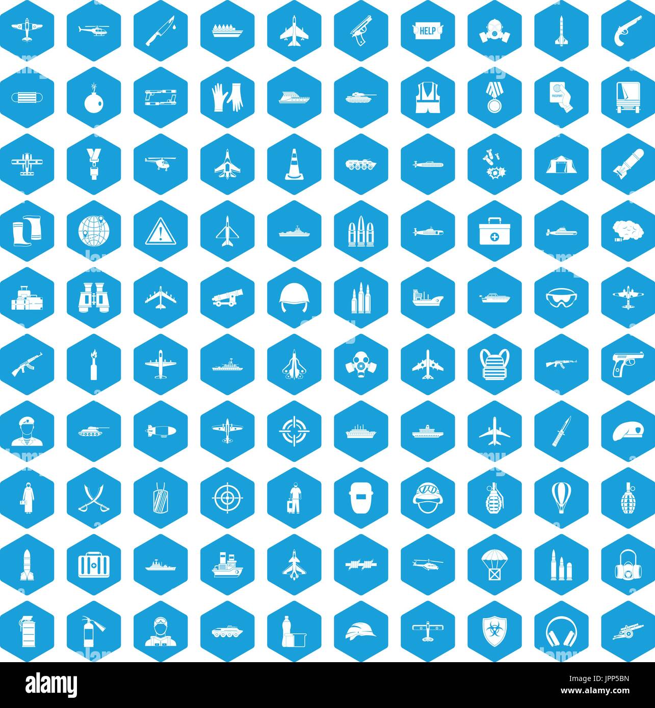 100 military resources icons set blue Stock Vector