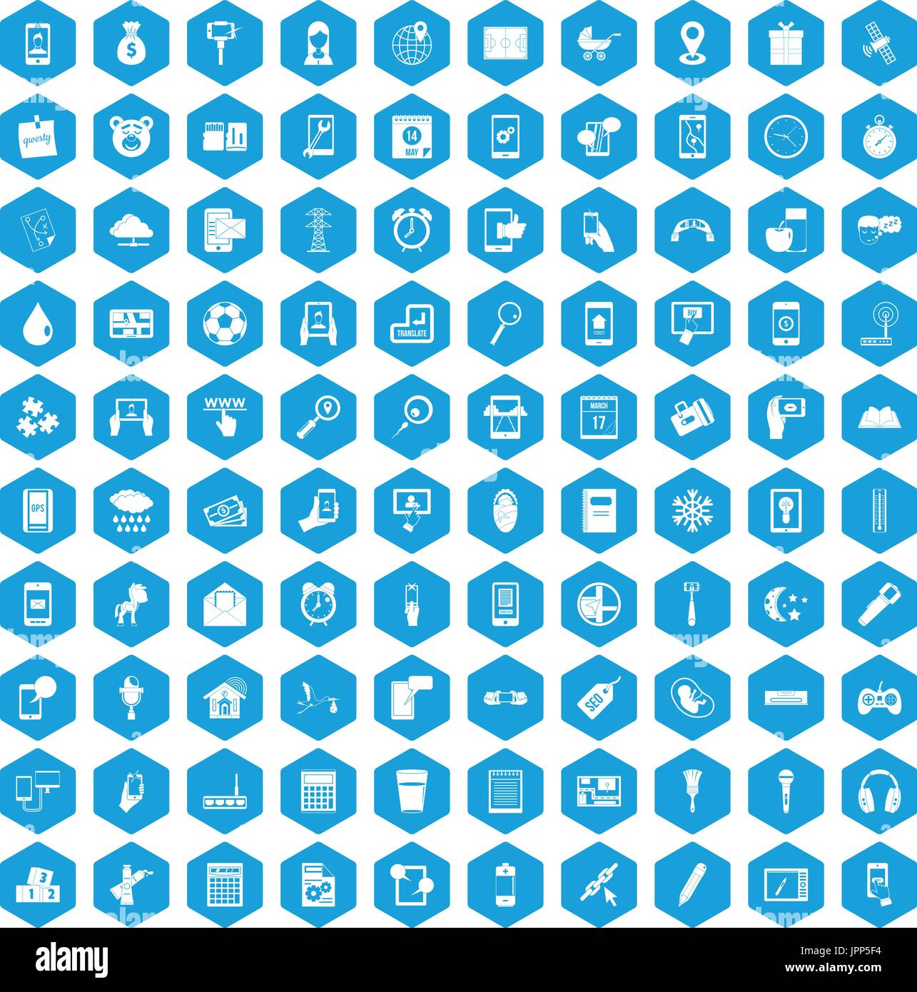 100 mobile app icons set blue Stock Vector