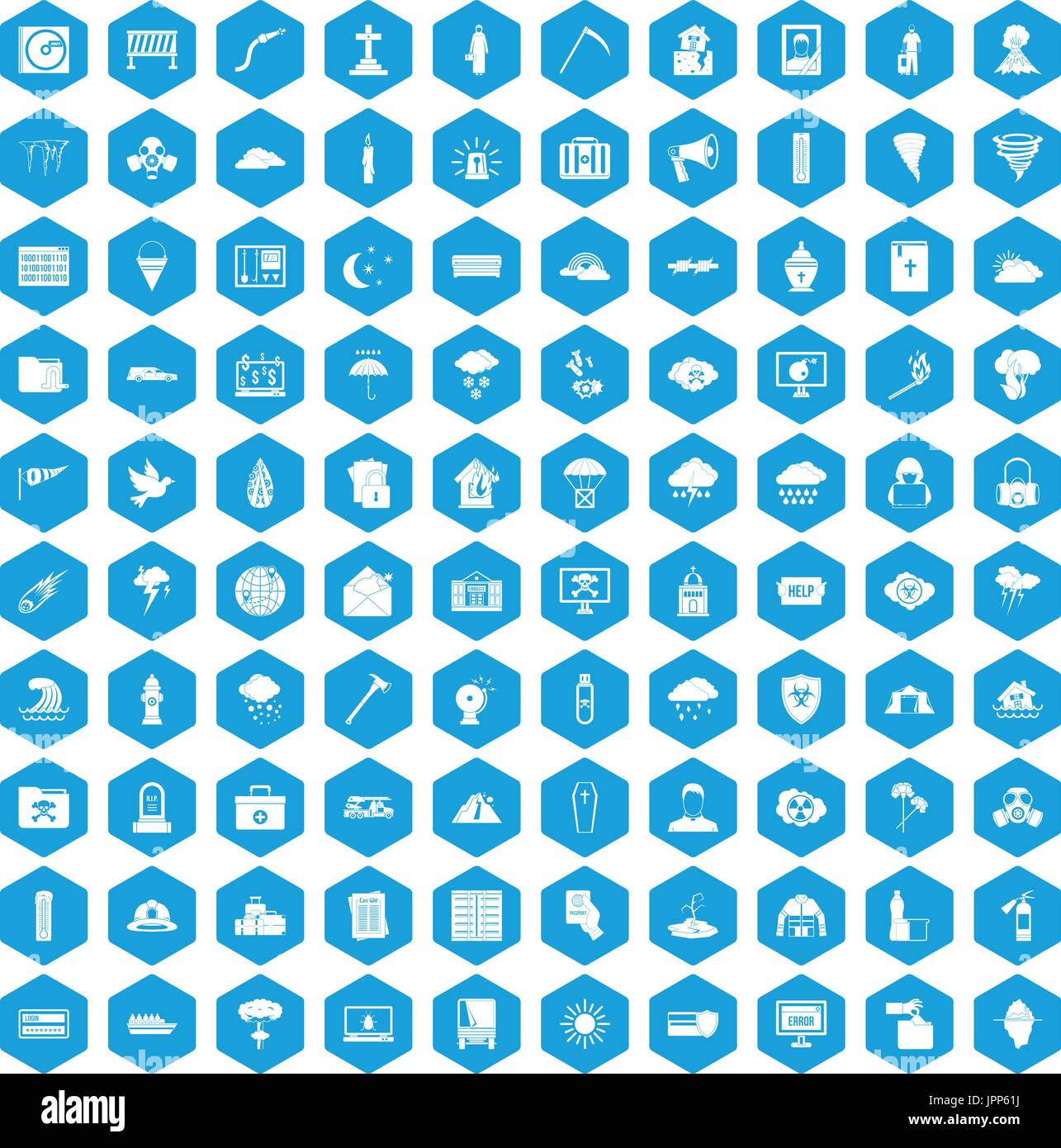 100 natural disasters icons set blue Stock Vector