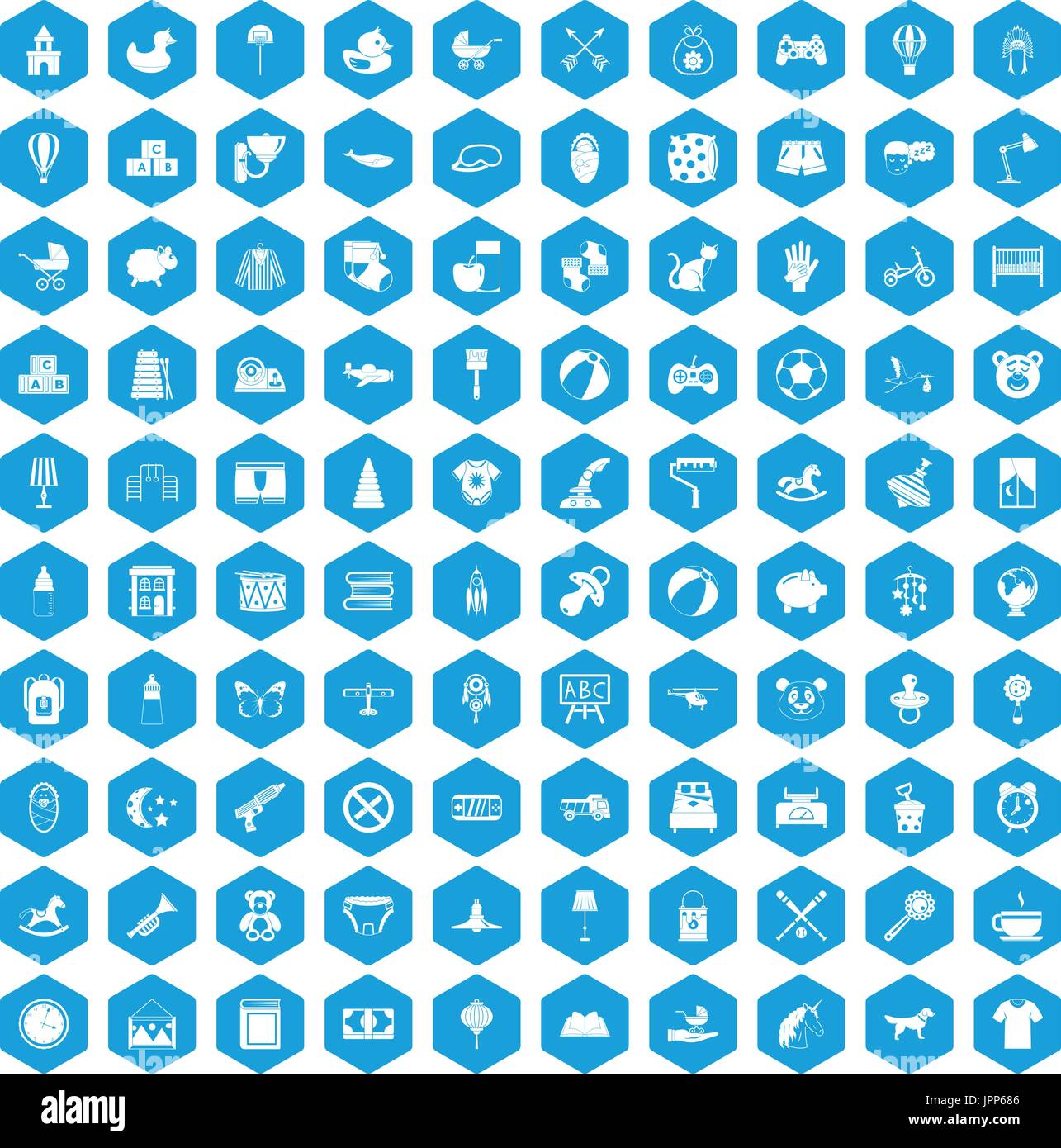 100 nursery icons set blue Stock Vector