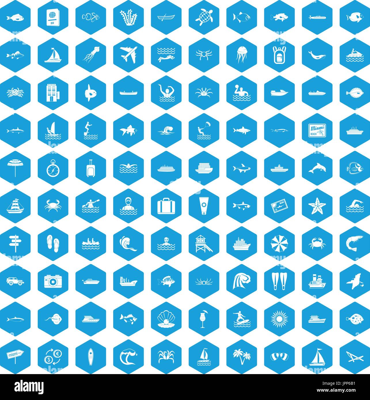 100 ocean icons set blue Stock Vector
