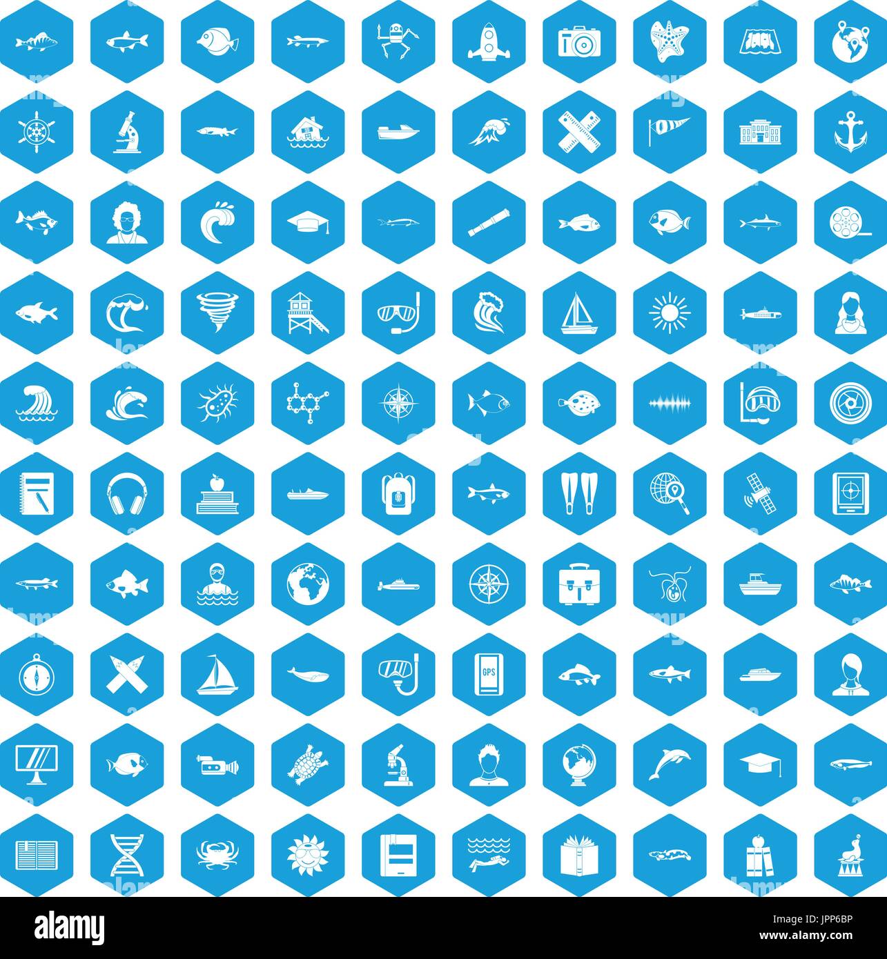 100 oceanologist icons set blue Stock Vector