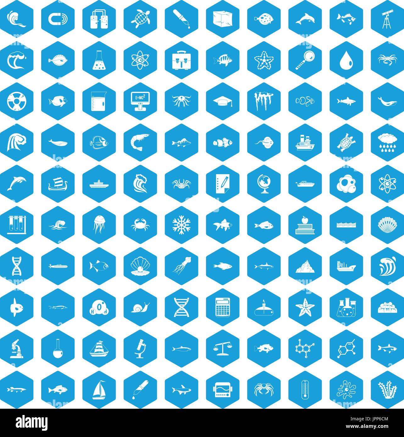 100 oceanology icons set blue Stock Vector