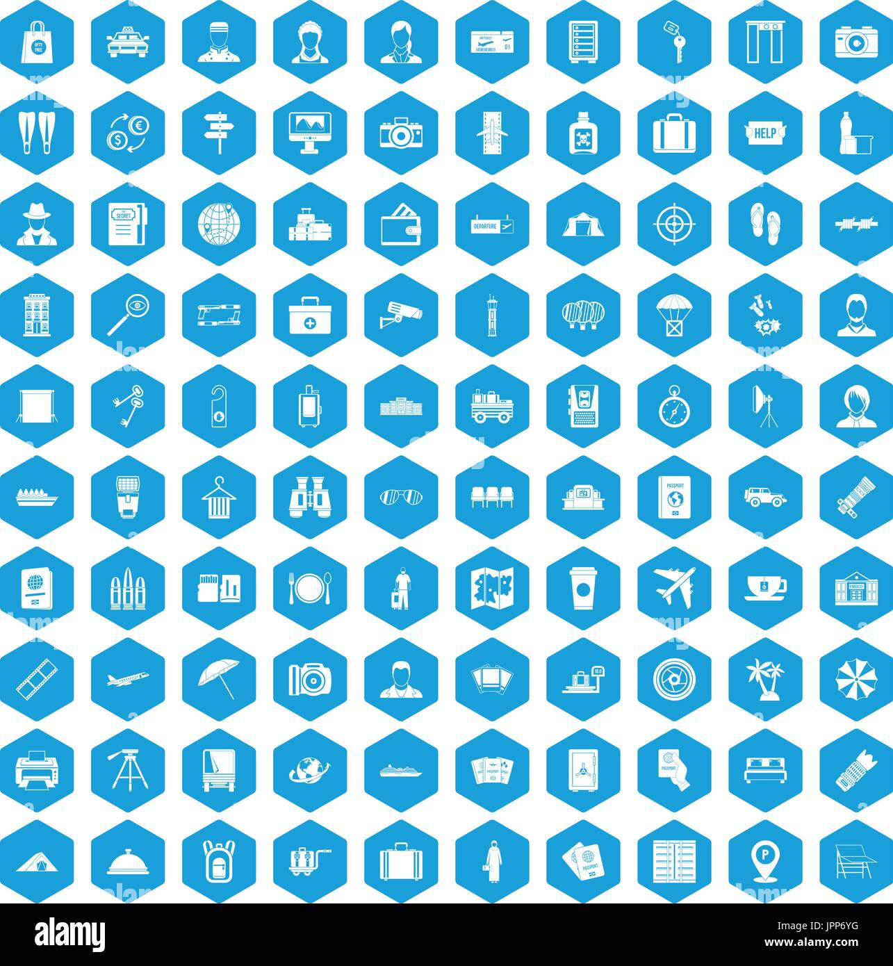 100 passport icons set blue Stock Vector