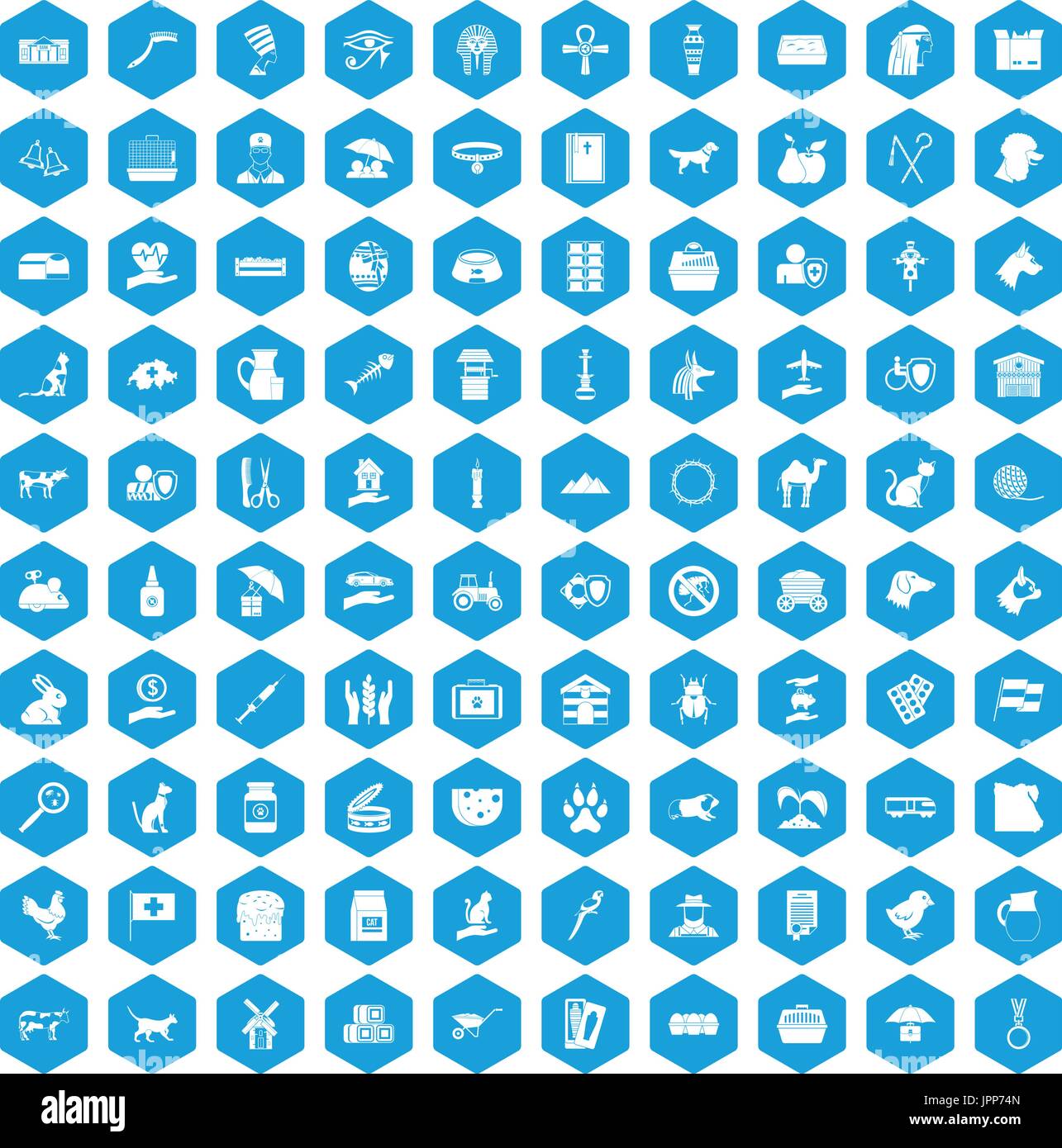 100 pets icons set blue Stock Vector