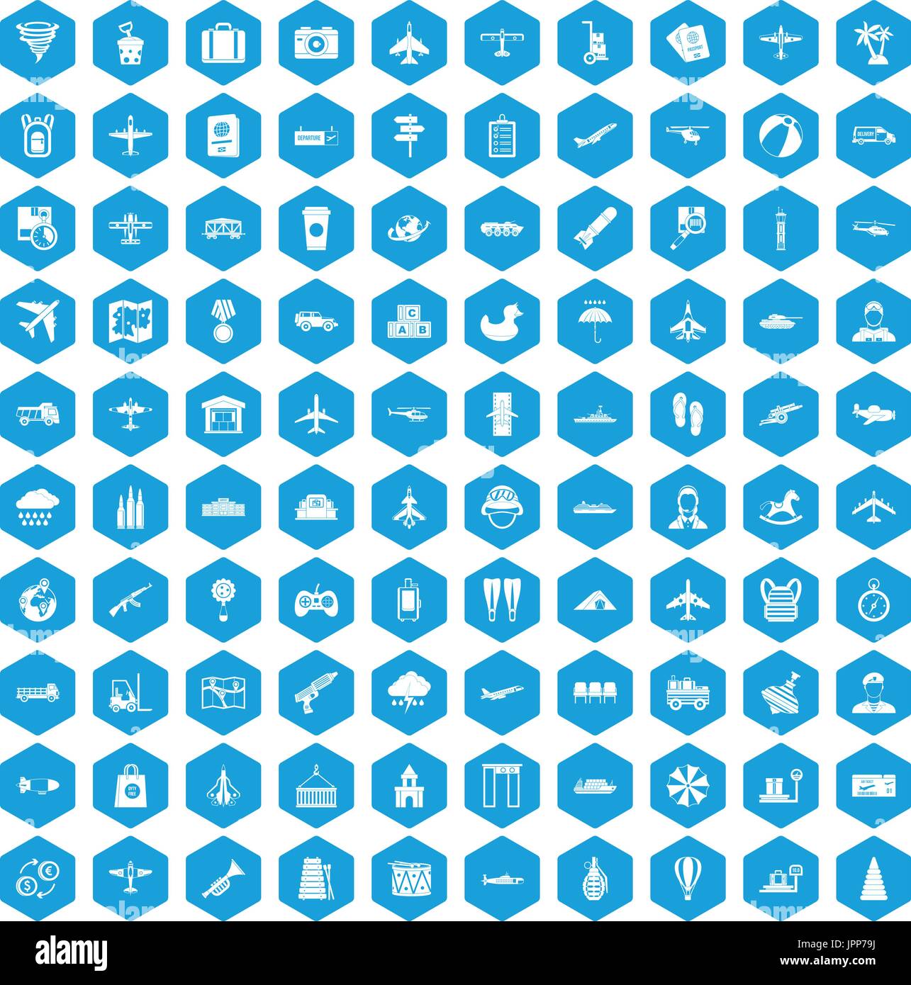 100 plane icons set blue Stock Vector