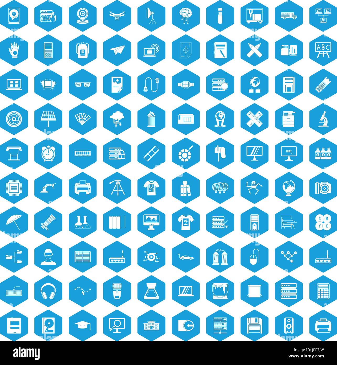 100 printer icons set blue Stock Vector