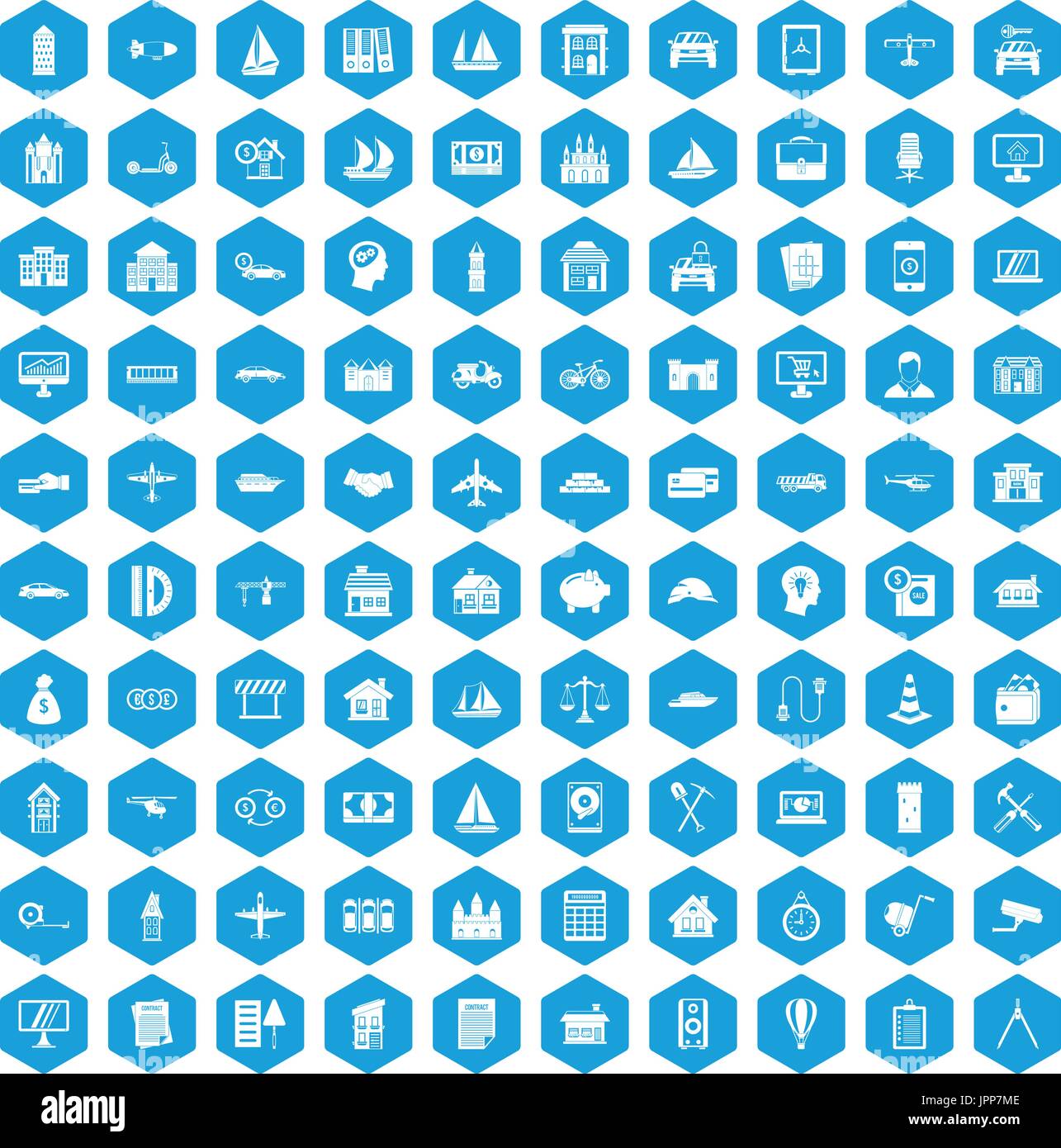 100 private property icons set blue Stock Vector