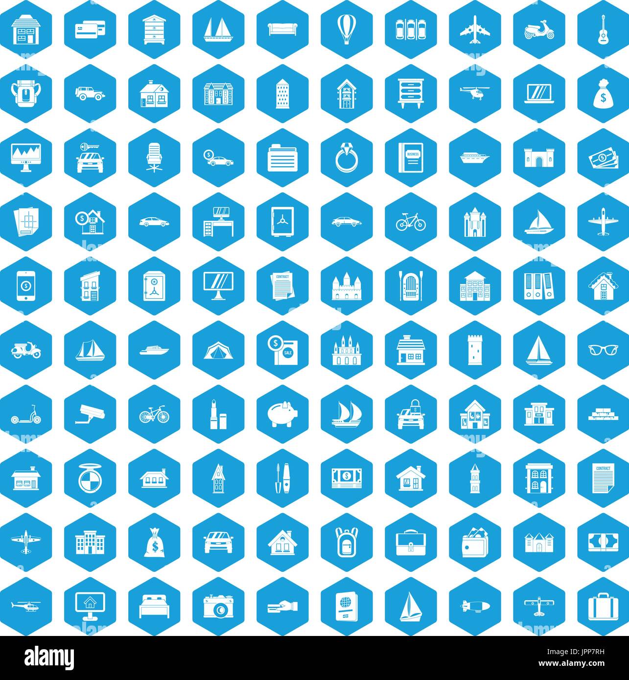 100 property icons set blue Stock Vector