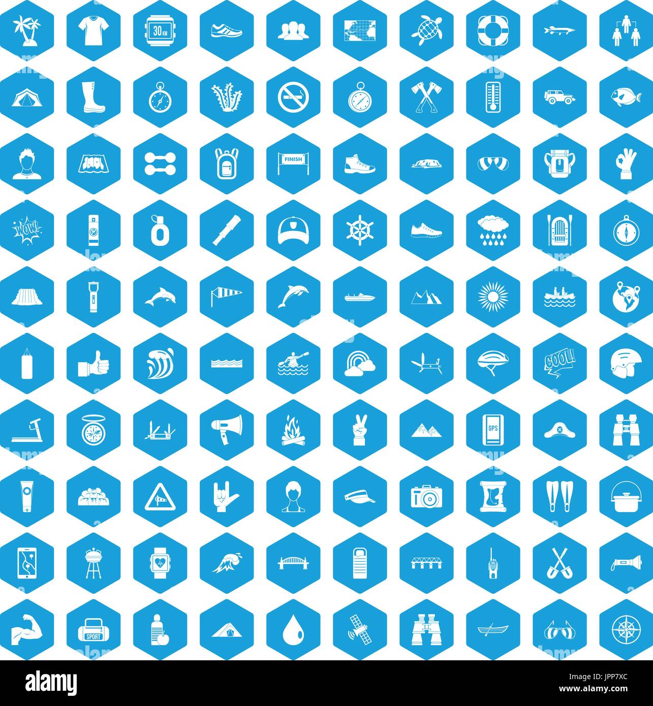 100 rafting icons set blue Stock Vector