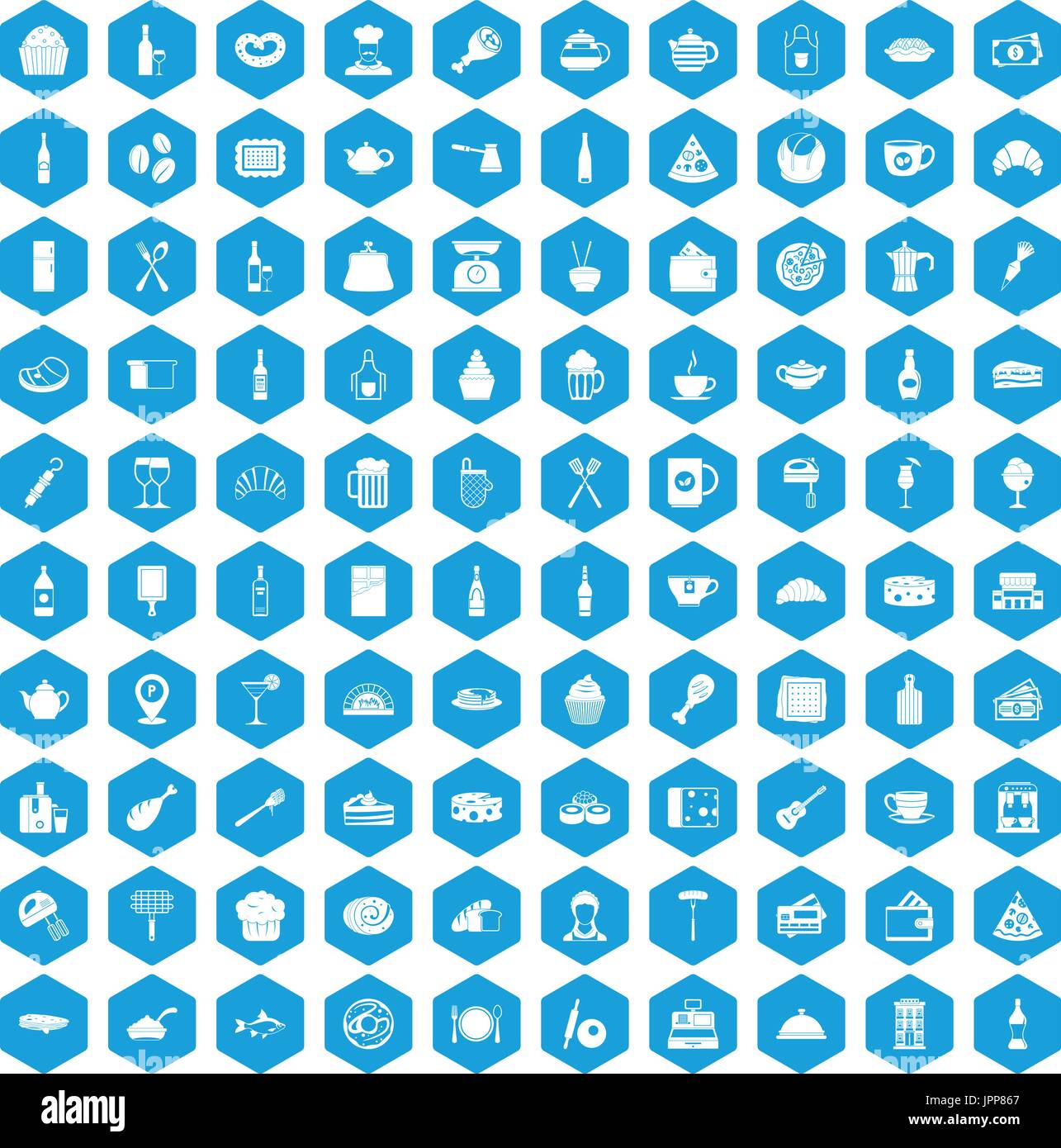 100 restaurant icons set blue Stock Vector