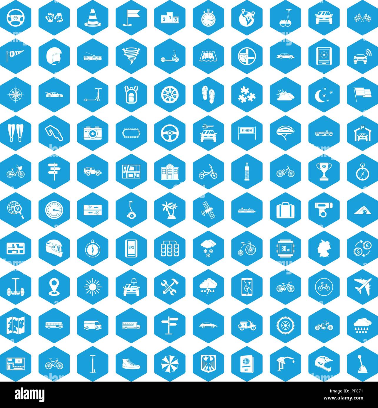 100 ride icons set blue Stock Vector