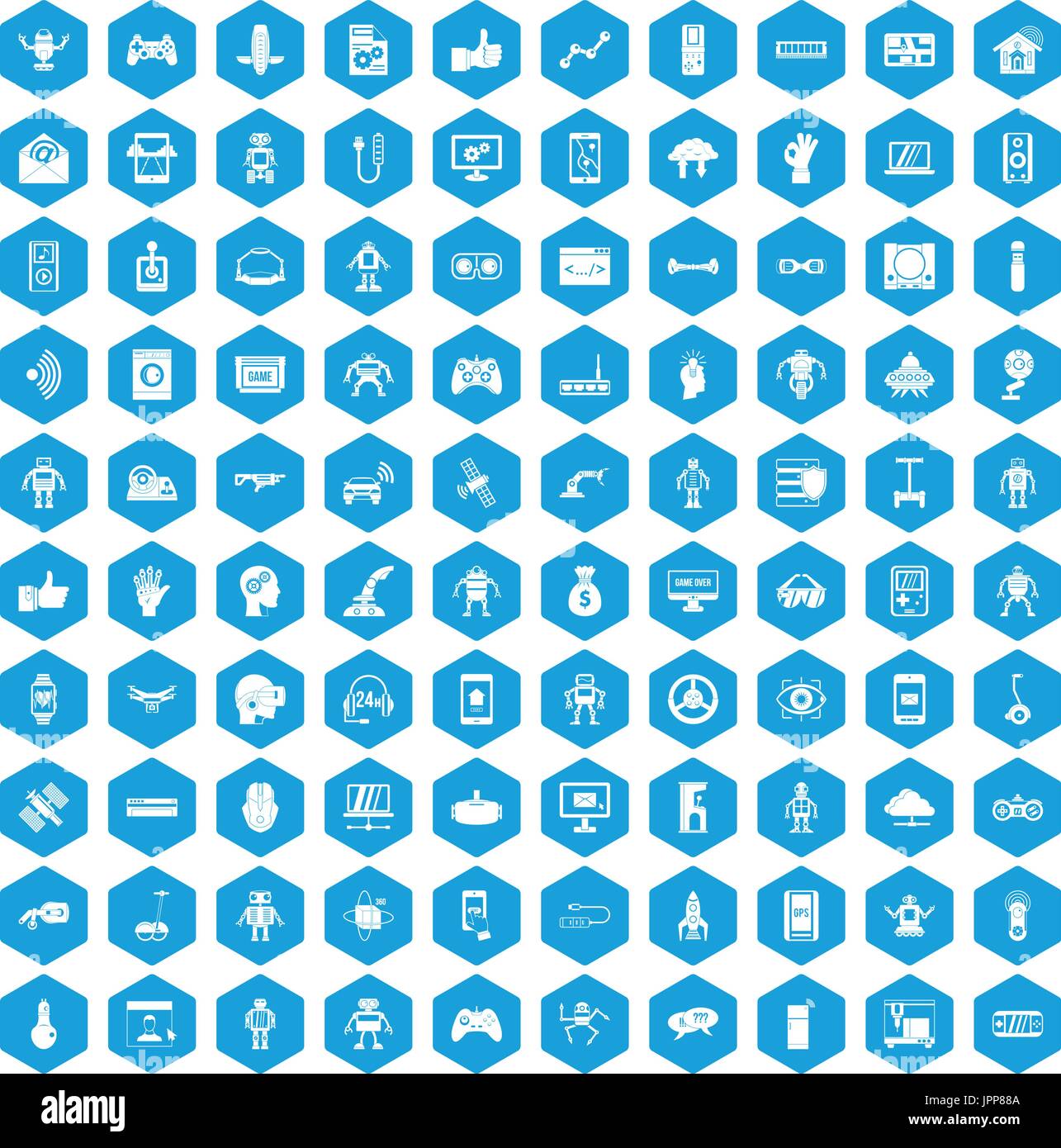 100 robot icons set blue Stock Vector