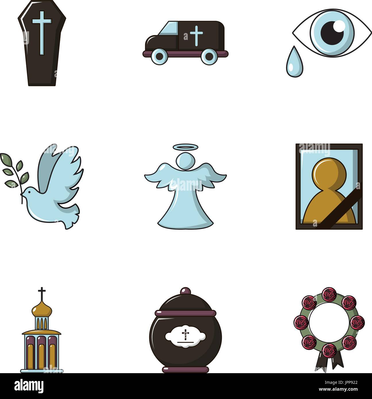 Funeral shipping icons set, flat style Stock Vector