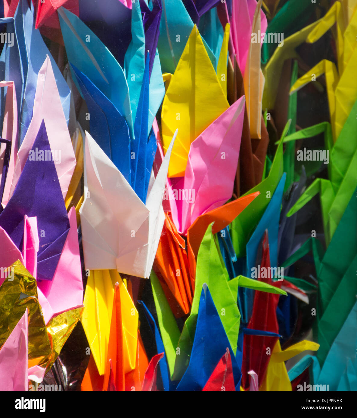 Close up of folded paper origami cranes that are made by school children and displayed at the Children's Peace Memorial in Hiroshima Japan. Stock Photo
