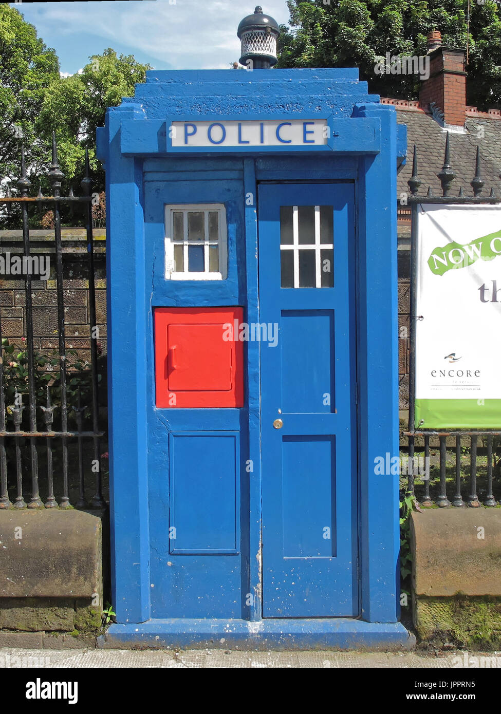 nelson or pirate tardis wounded with eye patch blue police telephone box Stock Photo