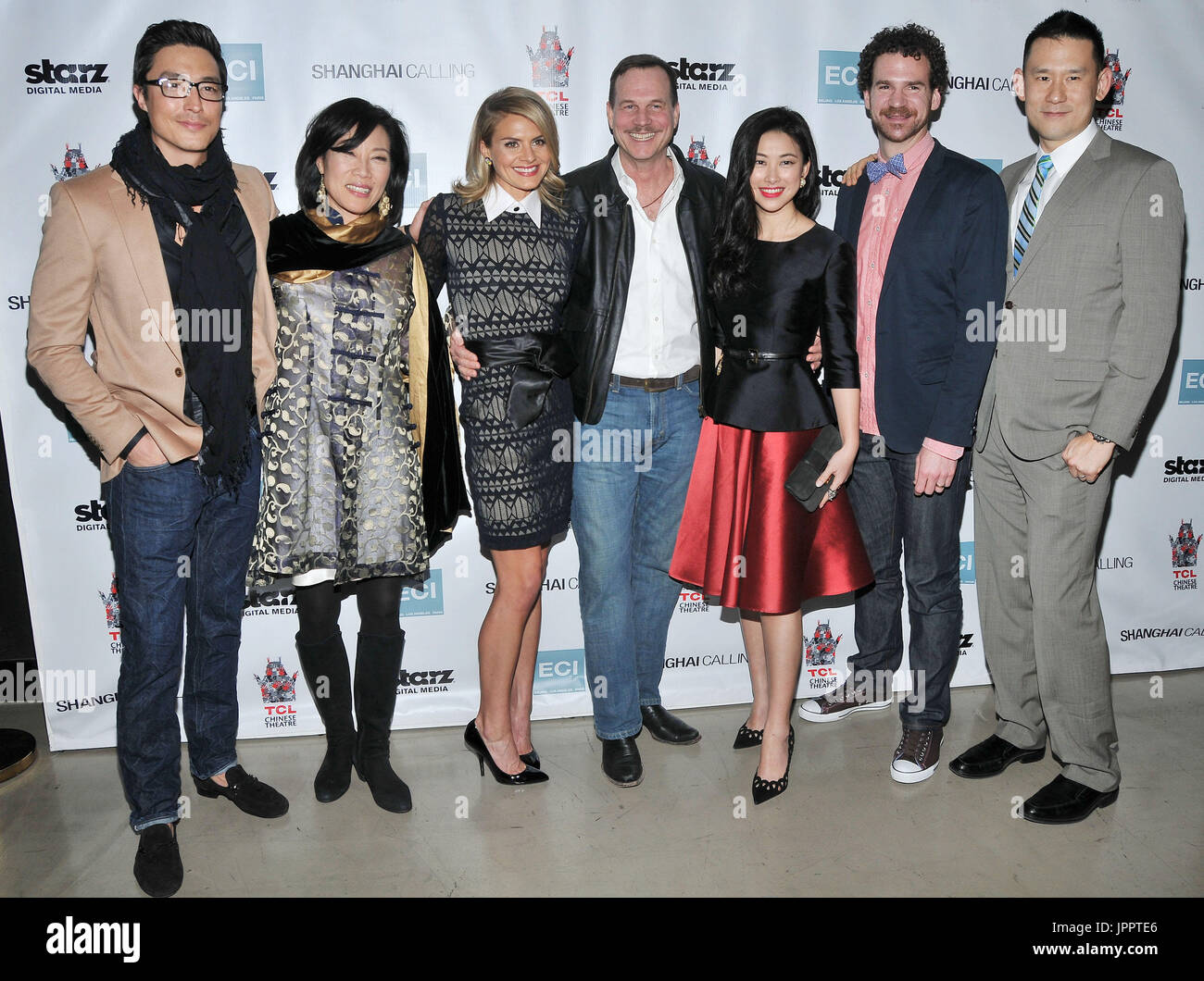 Daniel Henney, Producer Janet Yang, Eliza Coupe, Bill Paxton, Zhu Zhu, Sean Gallagher & Director Daniel Hsia at the 'Shanghai Calling' Los Angeles Premiere held at the TCL Chinese Theatre in Hollywood, CA.The event took place on Monday, Febuary 12, 2013. Photo by PRPP Pacific Rim Photo Press. Stock Photo