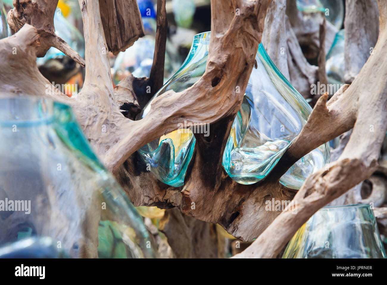 Glass Blowing. Unusual handmade shape glassware vases on sale. Ubud