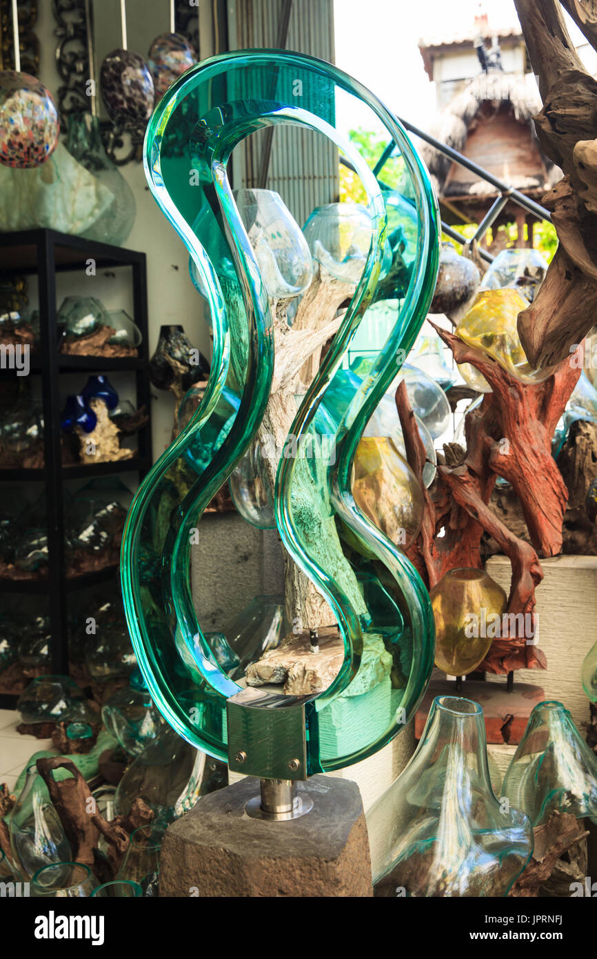 Glass Blowing. Unusual handmade shape glassware vases on sale. Ubud