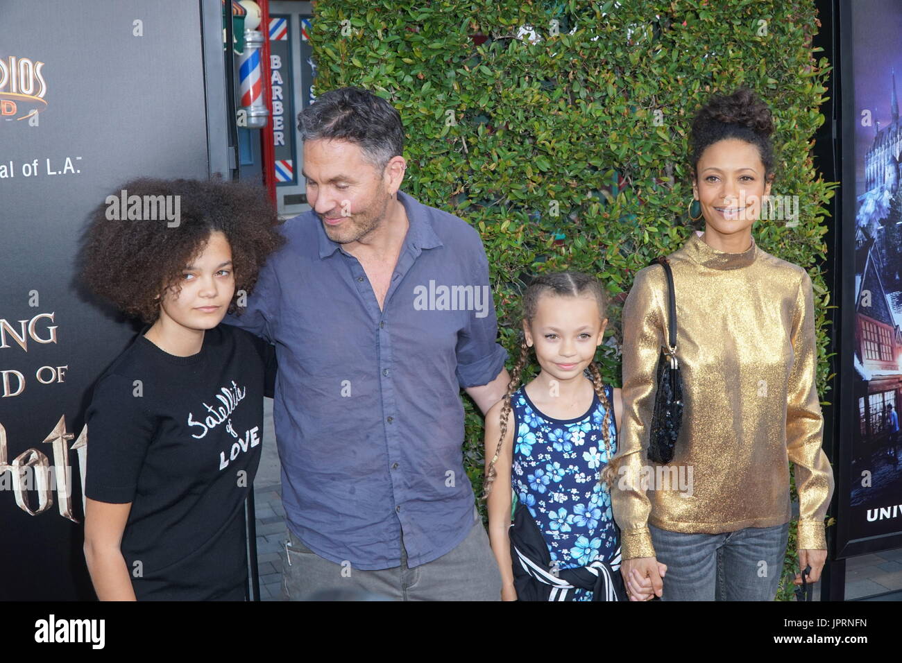 Ripley Parker, screenwriter Ol Parker, Nico Parker and actress Thandie  Newton at the The Wizarding World of Harry Potter VIP Press Event held at  Universal Studios Hollywood in Universal City, CA on