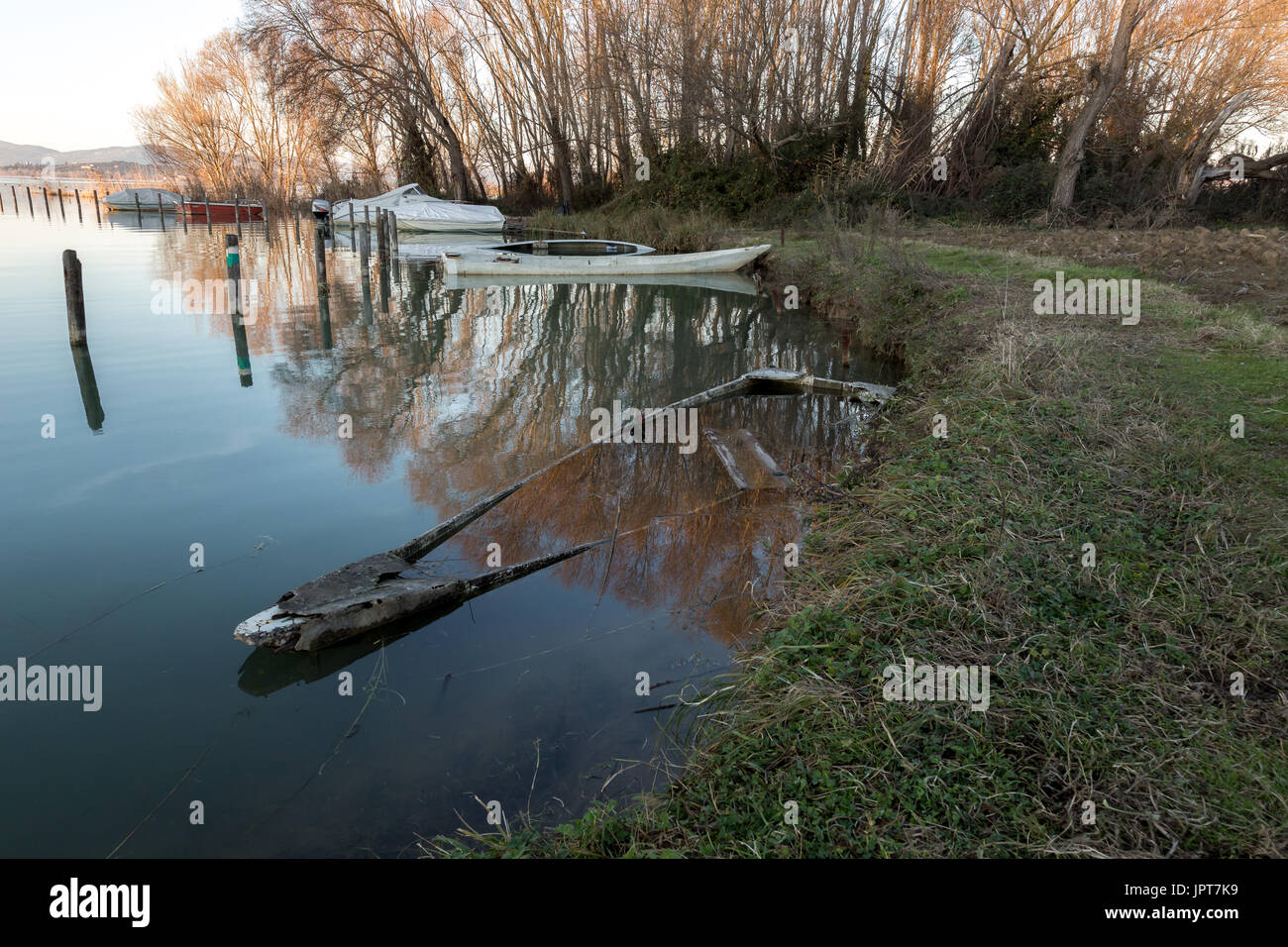 A sinking, little boat full of water near a lake shore, with trees reflections Stock Photo