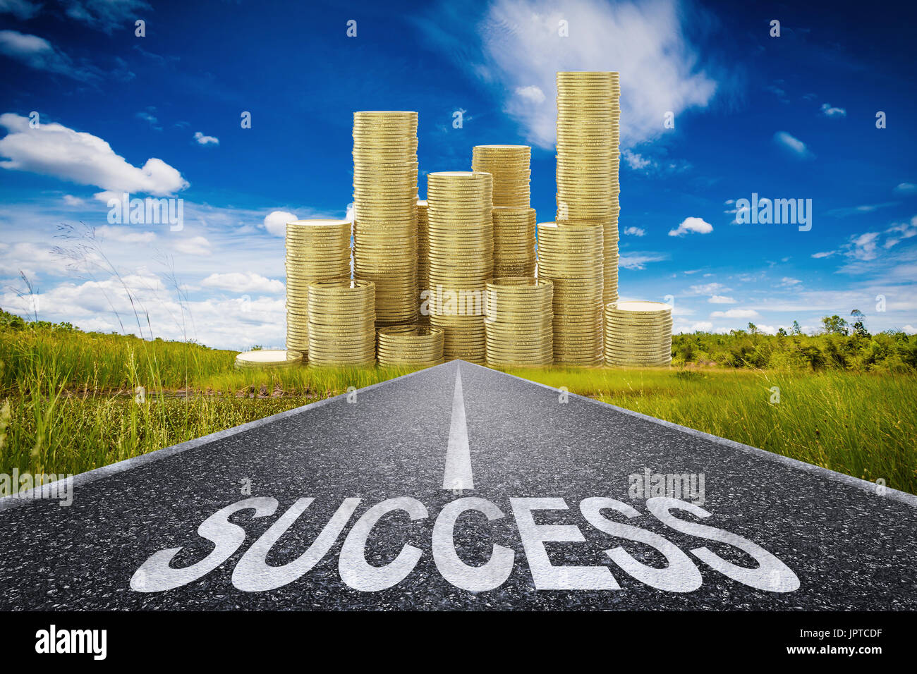 road to success concept with 3d rendered success text on asphalt road and stack of gold coins Stock Photo