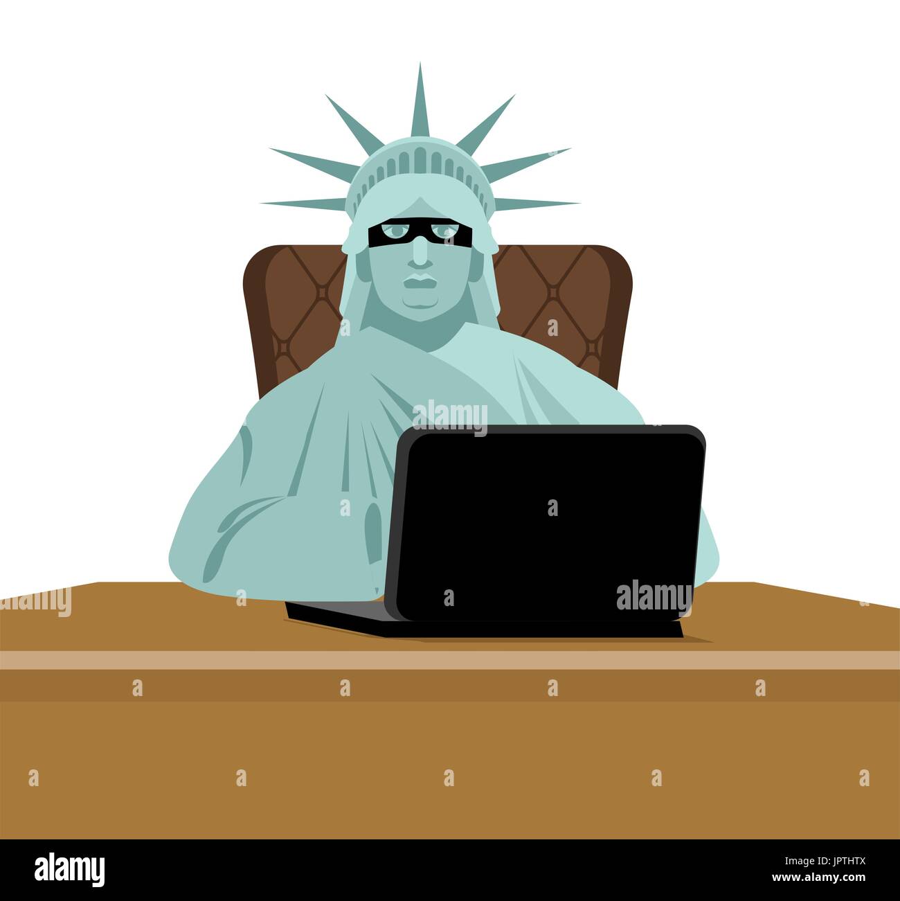American hacker. computer thief from USA. Statue of Liberty in mask and  laptop. Hacking database. Cyber criminal Stock Vector