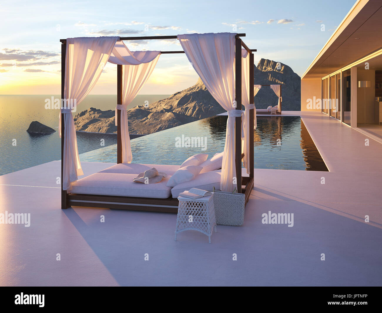 beautiful sunset at the infinity pool. 3d rendering Stock Photo - Alamy