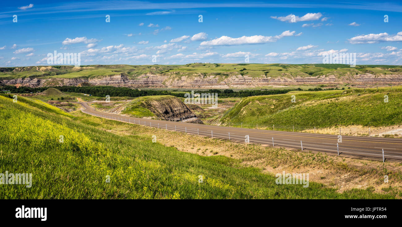 Panorama of  canadian badlands and road to Drumheller, Alberta. Stock Photo