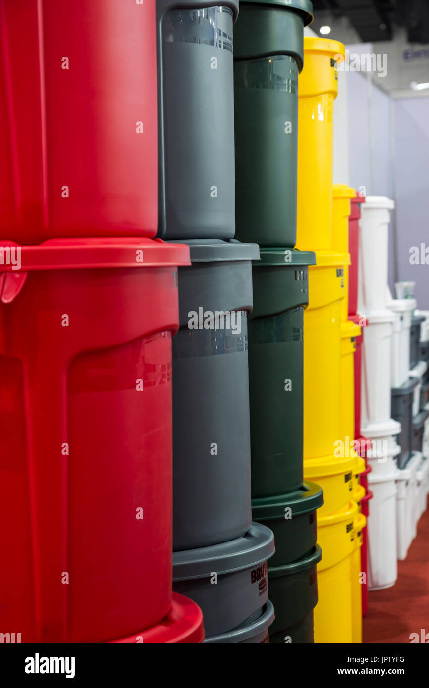 Colorful new plastic buckets;selective focus Stock Photo Alamy