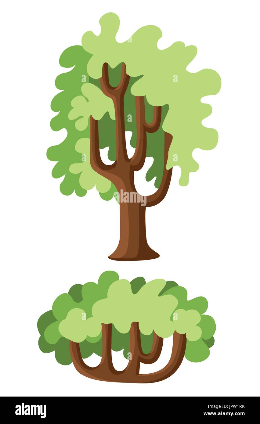Flat green trees vector illustration set. Stone pine, spruce, maple, birch, cedar, oak, brachychiton, banyan, willow, larch palm scots pine forest tre Stock Vector