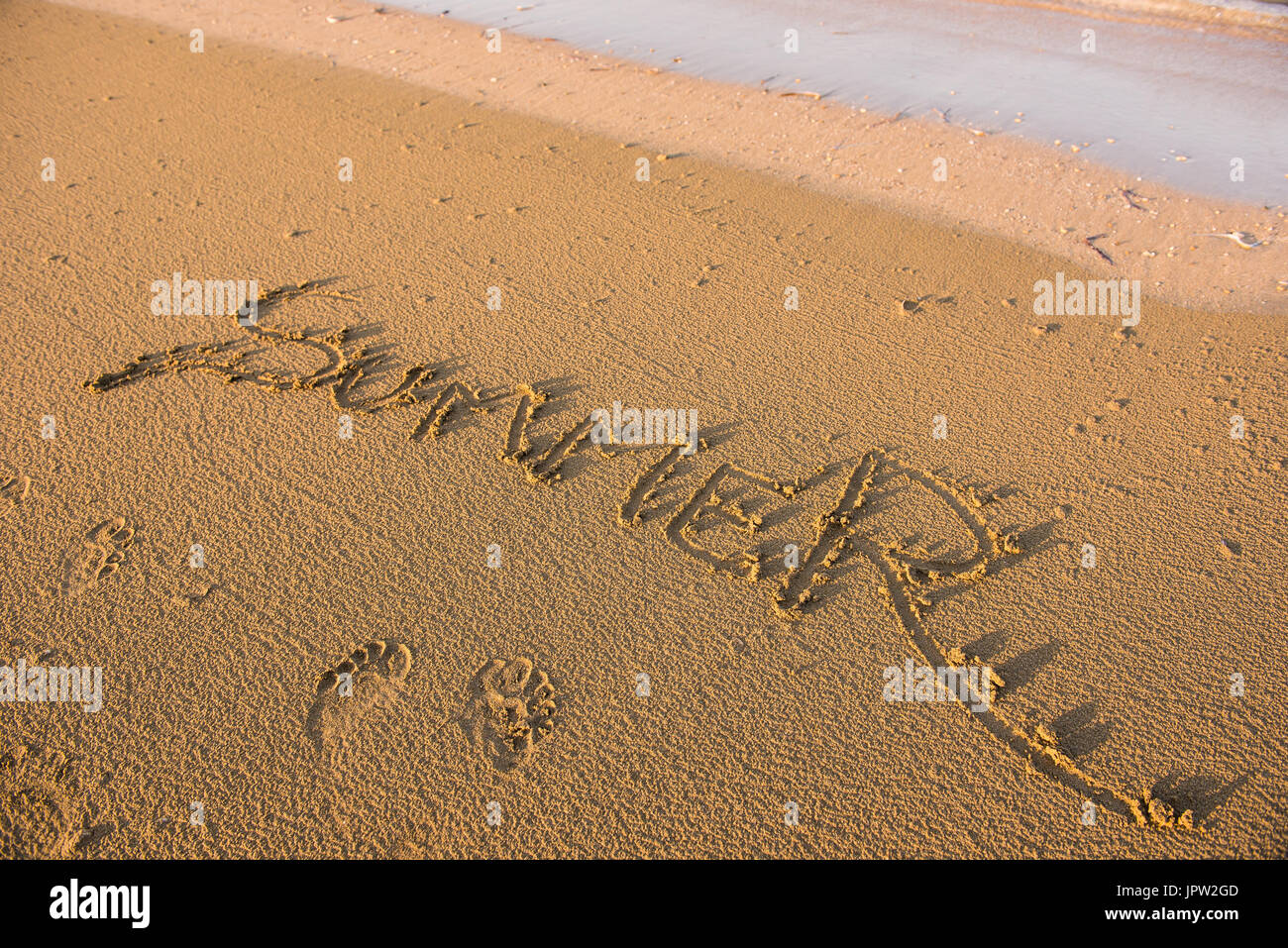 Summer word written in sand. Summer beach concept Stock Photo