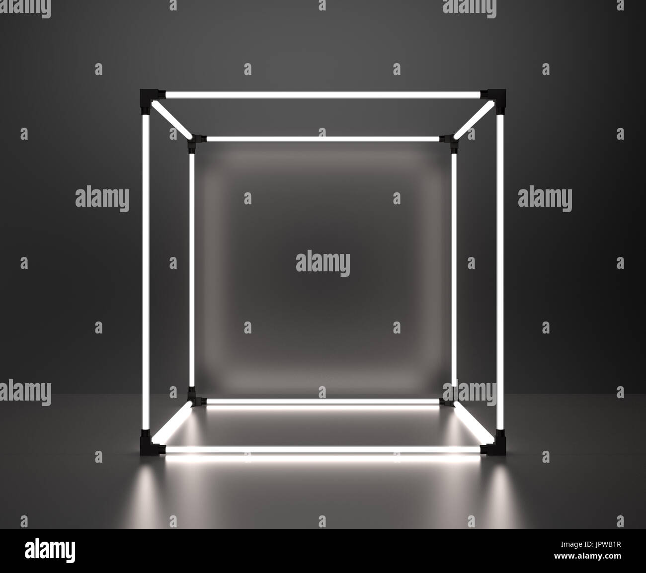 Glowing cube showcase on gray background with reflection. 3d rendering ...
