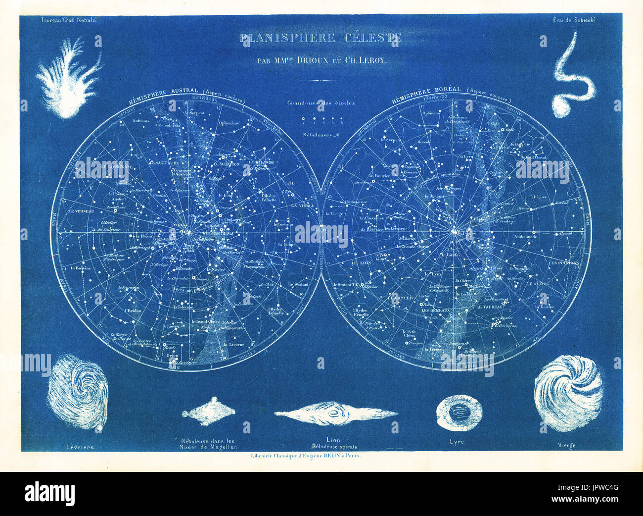 1882 Drioux & Leroy Planisphere Celeste: North and South Star Charts showing the stars, Milky Way, Galaxies and Nebulae Stock Photo