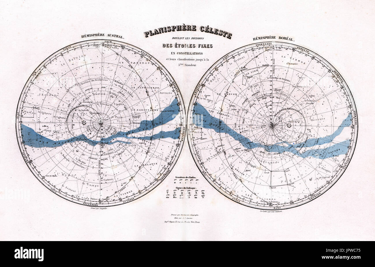 1877 Chartier Antique Star Chart showing both the North and South Sky with the Milky Way Stock Photo